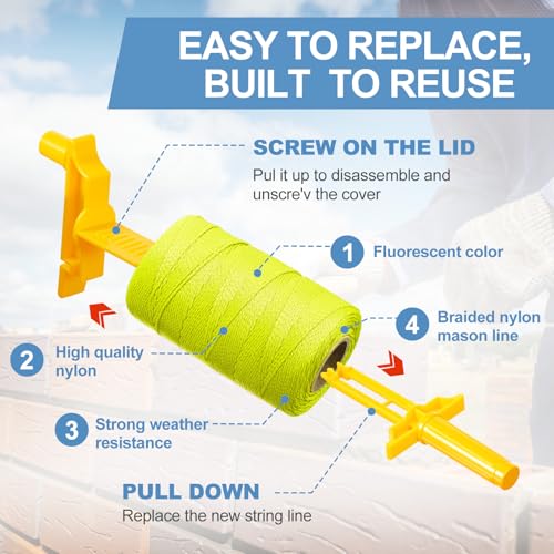 Amylove 3 Rolls Mason Line String with 1 Post & 1 Pipe Level & 5 Line Levels, #18 500 Feet Braided Construction Nylon Twin...