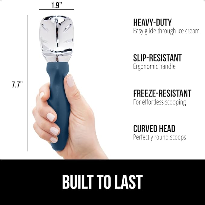 GORILLA GRIP BPA-Free Heavy Duty Ice Cream Scoop, Comfortable Ergonomic Handle, Professional Grade Scooper for Perfect Round Scoops, Spoon Frozen Hard Gelato, Sorbet, Cookie Dough, Kitchen Tool, Blue