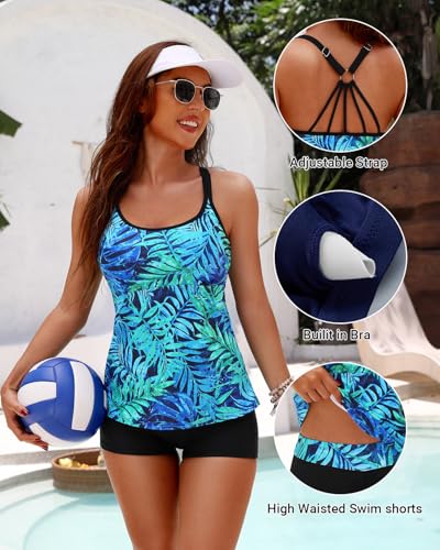 Yonique Two Piece Tankini Swimsuits for Women with Shorts Tummy Control Bathing Suits Athletic Swimwear