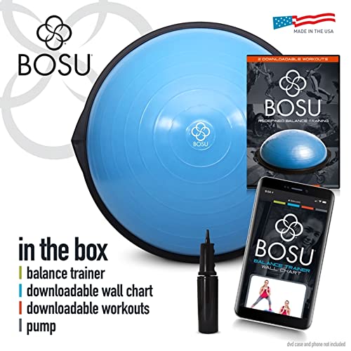 Bosu Balance Ball Exercise Trainer, Home Gym Equipment w/ Guided Workouts & Pump, 26", Blue - Inflatable Fitness Platform ...