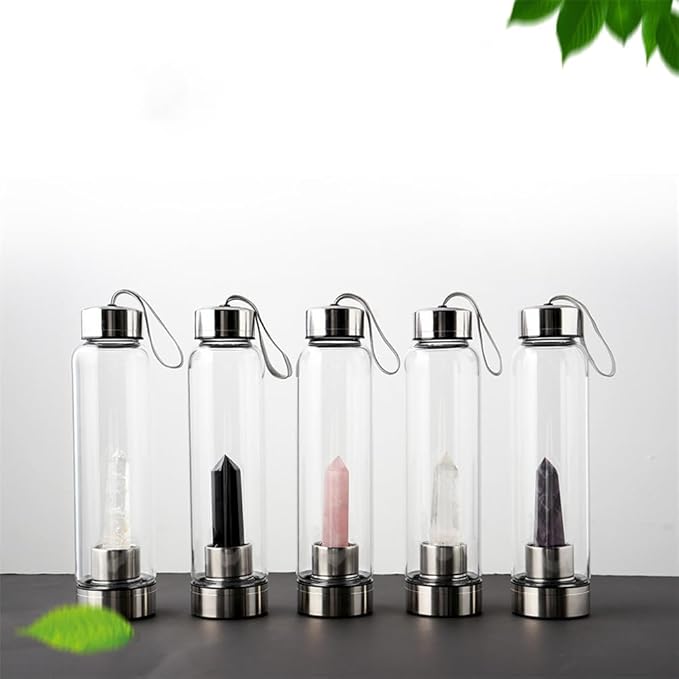Crystal Glass Water Bottle,Water Bottle With Gemstone Center Crystal Elixir Bottle,Removable Gemstones Creative Water Cup Crystal Column Magic Wand Energy Cup for Gifts (A-Obsidian)