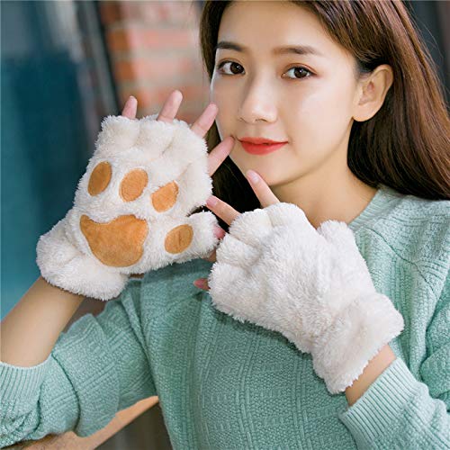 Vewzaty 2 pairs Cat Claw Bear Kawaii Paw Fingerless Winter Plush Gloves Cosplay Faux Fur Plush Cat Gloves for Girls Women (coffee and beige)