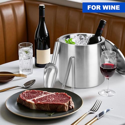 Portable Ice Buckets for Parties 3 Liter Double-Wall Ice Buckets with Lid,Scoop,Tongs,Handle -Stainless steel Ice Containe...