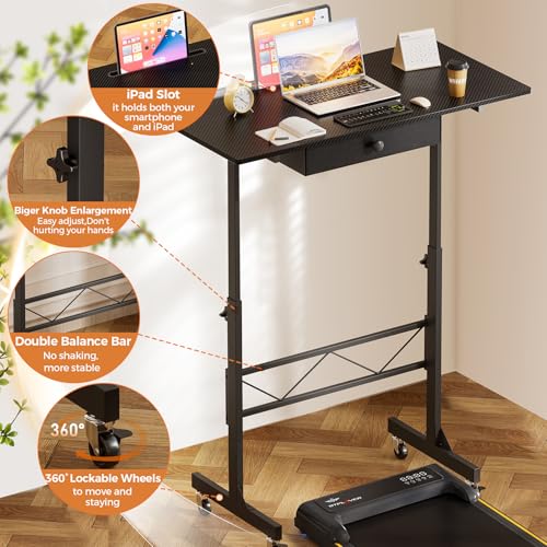 COMHOMA Small Standing Desk Adjustable Height Small Computer Desk Mobile Portable Rolling Laptop Table with Wheels 32" Com...