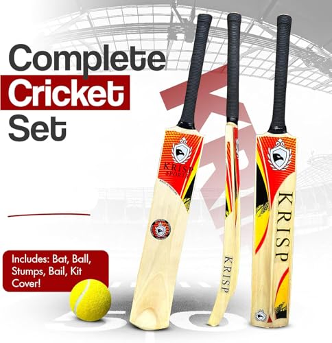 Cricket Bat Gift Set Wooden Cricket Bat Kit for Junior, Backyard Park Beach Indoor Outdoor Play Tennis Ball, Stumps, Bail...