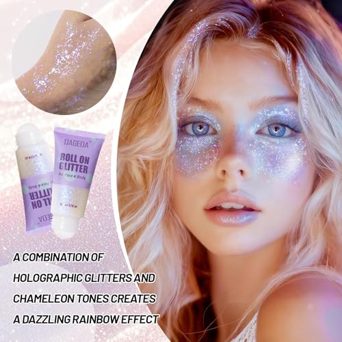 DAGEDA Roll-on Body Glitter,Holographic Face Hair Glitter Gel for Festival Outfit Mermaid Accessories,Chameleon Color Body...
