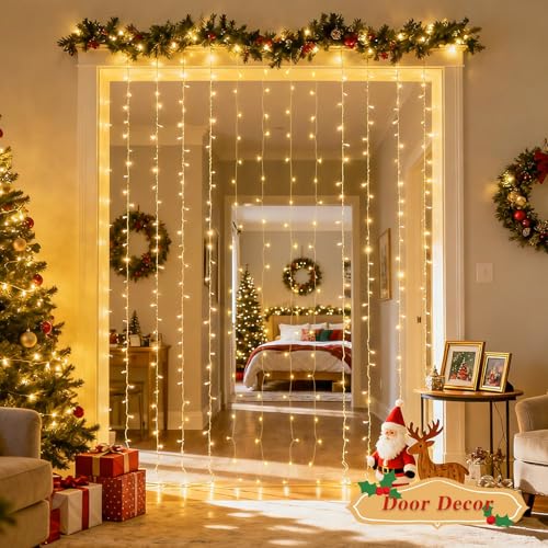 JMEXSUSS 200 LED Christmas Curtain Lights Battery Operated & USB Plug in, 8 Modes Warm White Curtain String Lights for Bac...