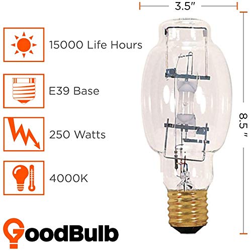 Goodbulb 250-Watt Metal Halide Hid Light Bulb E39 Base Bt28 Ansi Code M58 High Output Hid Light 4000K Cool White Light Color Clear Finish Car Dealership Lighting Pack Of 2 Bulbs