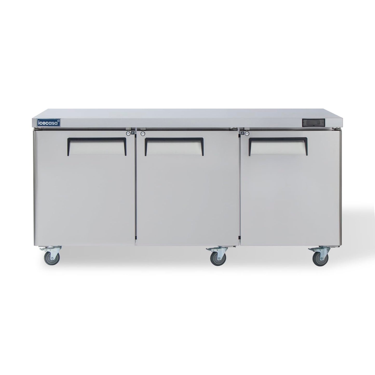 ICECASA 72" W Commercial Freezer Worktop Undercounter Freezer Three Door Stainless Steel Counter Fan Cooling 20 Cu.ft for Restaurant, Bar, Shop, etc