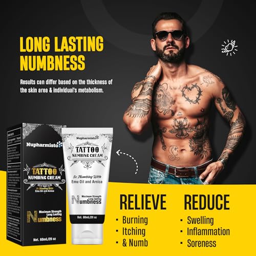6 Hours Tattoo Numbing Cream (2oz/ 60ml), Maximum Strength Painless Tattoo Numbing Cream, Numbing Cream for Tattoos Extra Strength with 5x Numbing, Emu Oil and Arnica. 2oz/ 60ml