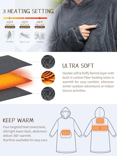 Wearable Heated Blanket Hoodie with 16000 mAh Battery,Cordless Heating Throw,Electric Shawl Robe with Sleeves,Gift for Family