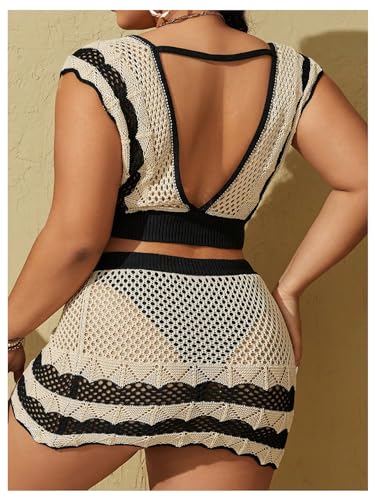 WDIRARA Women's Plus Size Two Piece Swimwear Lace Up V Neck Crop Swim Top and Hollow Out Cover Up Beach Skirt