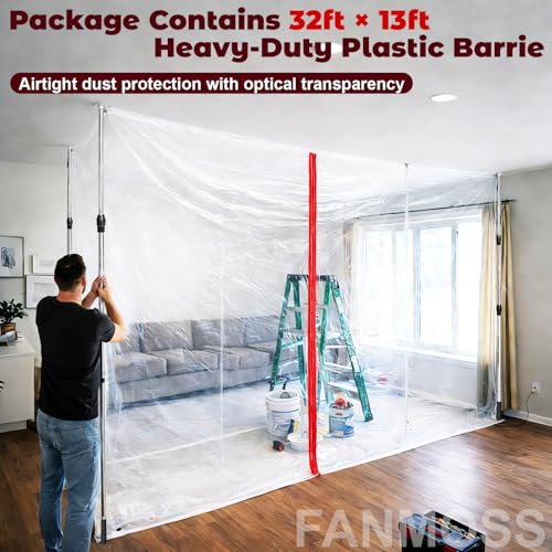Fanmoss 9.5FT Dust Barrier Poles Kit, 4 Pack Dust Barrier System with 32FT x13FT Sealed Plastic Sheet, 2 Zipper Doors & Ca...