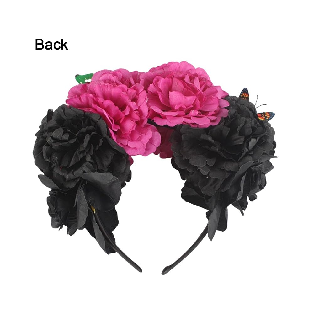 Lofruiin Women's Bohemian Rose Flower Crown Mexican Day of The Dead Headband Halloween Party Costume Headpiece (A- Black Purple,