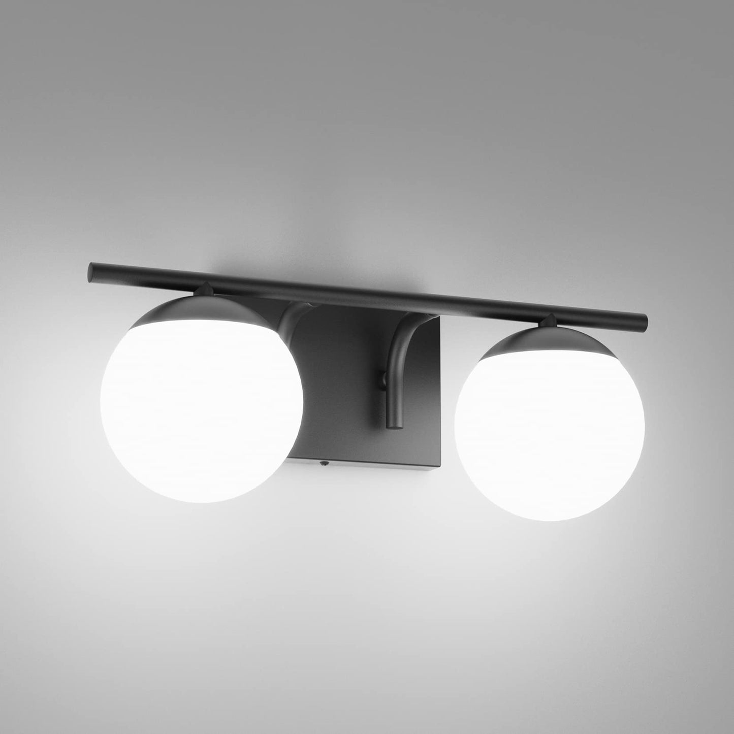 Ralbay 2-Light Bathroom Vanity Light Fixture - Black Mid Century Modern With Matte Black Milky Glass Globe, Model 1167