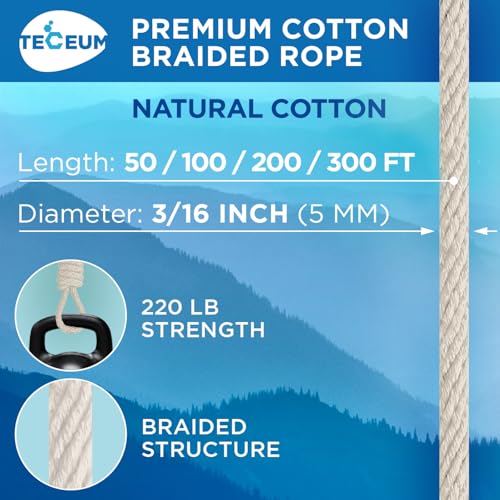 TECEUM 500lb Cotton Rope 3/16” (5 mm) – 100 FT – Strong All-Purpose Braided Rope – Natural Cotton – for Crafting, Сamping,...