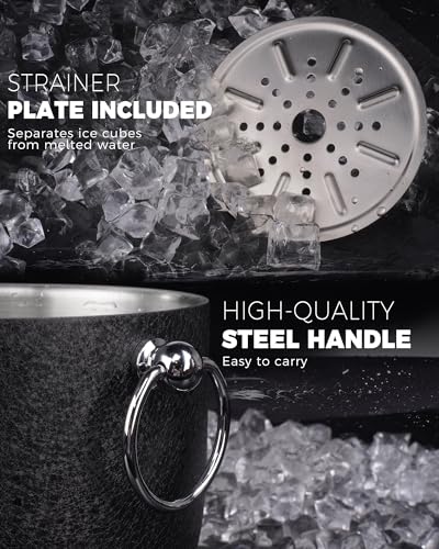 POLIVIAR Ice Bucket, 2.5L Double Wall Ice Bucket with Lid, Stainless Steel Ice Bucket with Tong & Strainer, Ice Bucket for...
