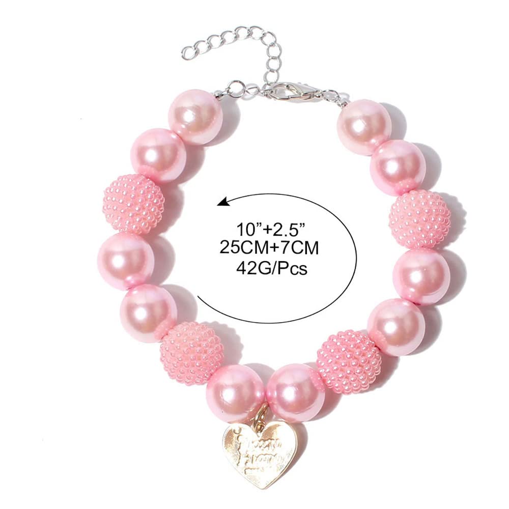 RayMinsino Cute Teddy Dog Pearl Necklace Pink Heart Pendant Pet Collars Dog Clothing Accessories Small and Medium-Sized Dog Collars (9.8-12.6in)