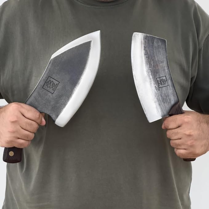 COOLINA Knife Set – Lixy Hand-Forged Butcher Knife & Chef Knife Bundle – Full Tang Carbon Steel Cleaver and Cooking Knife with Wooden Handles – Professional Kitchen & BBQ Knives