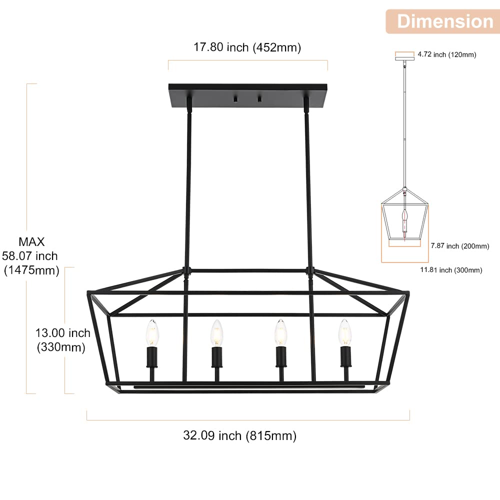 Winshen 4-Lights Rustic Chandelier For Dining Room  32-Inches Width Pendant Lighting For Kitchen Island In Black Finish