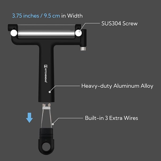 KITCHENDAO Adjustable Wire Cheese Slicer Cutter, 50% Stronger Wires with 2nd Gen Wire Fixing Mechanism, Adjustable Hand-Held Wire Cheese Cutter, Quick Replacement, Dishwasher Safe, with 3 Extra Wires