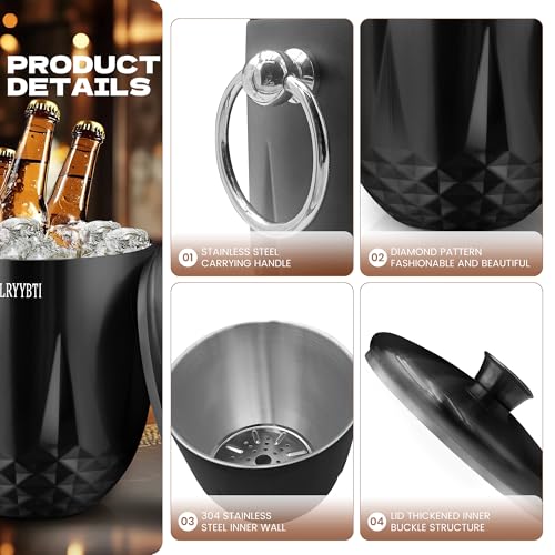 3L Ice Buckets for Parties and Cocktail Bar with Stainless Steel Lid,Tongs & Strainer(Black) Double-Wall Insulated Metal I...