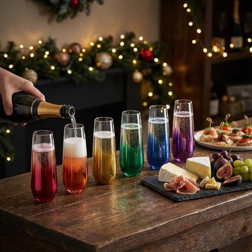 ColoVie Stemless Champagne Glasses Set of 6- Colored Champagne Flutes- Wedding Toasting Glass- Bridesmaid Gift- Mimosa Gla...