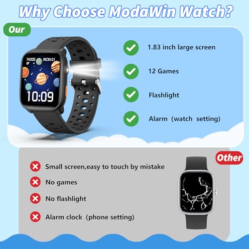 ModaWin Kids Smart Watch with Puzzle Games, 1.83" Kids Watches Heart Rate, Sleep Monitor, Pedometer, Alarm Clock, Flashlig...