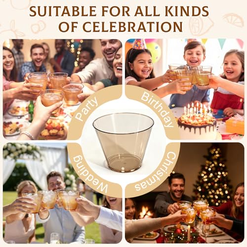 Glowserve 150 Pack Plastic Cups 9 oz Brown Clear Plastic Cups for Cocktail Fancy Disposable Cup for Party Stemless Wine Gl...
