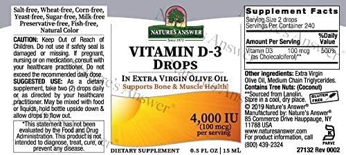 Nature's Answer Vitamin D-3 Drops | Blended with Extra Virgin Gold Olive Oil | Quickly Absorbed into Body | No Fillers, No Soy, Yeast Sugar, Milk or Preservatives 0.5oz