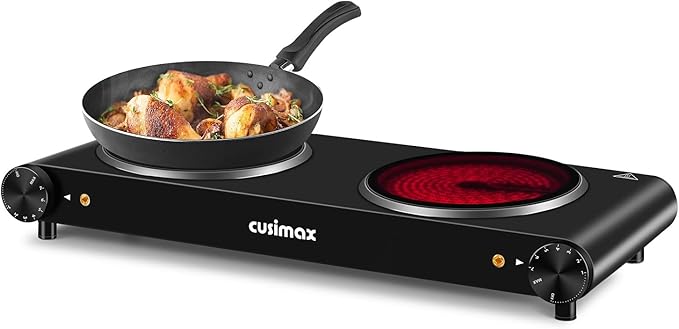 CUSIMAX Double Burner, 1800W Electric Burner Ceramic Hot Plate for Cooking, Dual Control Infrared Burner, Glass Plate Electric Cooktop, Stainless Steel-Upgraded Version