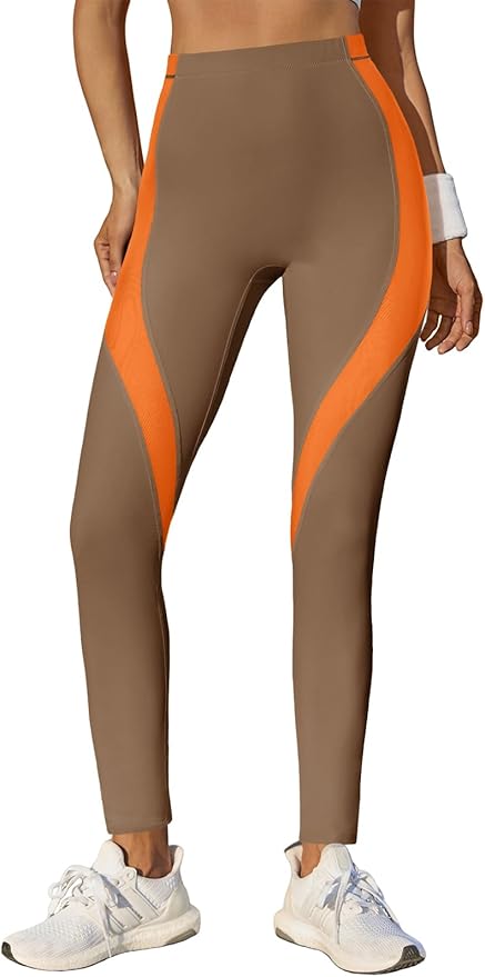 Fisoew Womens High Waisted Leggings Color Block Yoga Pants Workout Running Stretchy No See Through Leggings