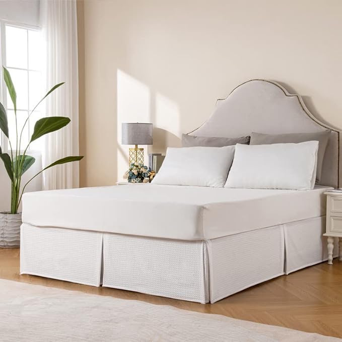 MIYE Pleated Waffle Weave Bed Skirt, Tailored Dust Ruffle 22 Inch Drop Easy Fit, Machine Washable (White, King - 22" Drop)