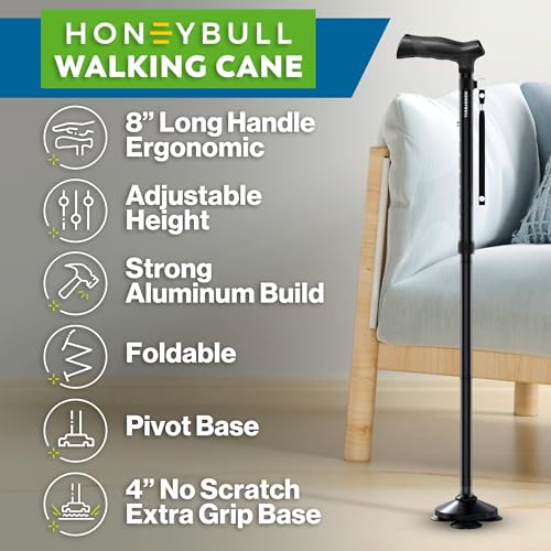 HONEYBULL Walking Cane for Men & Women Foldable, Adjustable, Heavy Duty, Free Standing, All Terrain, Collapsible Walking S...