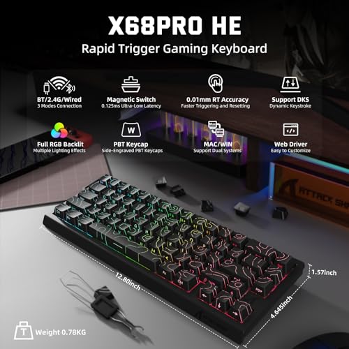 ATTACK SHARK X68 PRO HE Wireless Rapid Trigger Gaming Keyboard with Adjustable Actuation,8K Polling Rate,Hall Effect Magne...