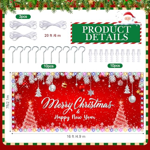 Tatuo Christmas Garage Door Banner with LED Lights 16 x 7 ft Merry Christmas Garage Door Cover Red Xmas Backdrop Decor wit...