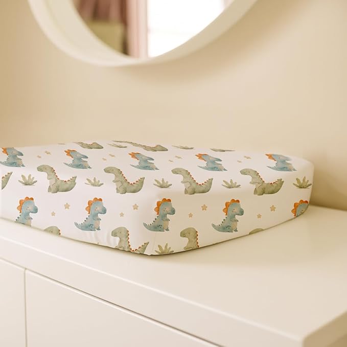Changing Pad Cover for Baby Boys Girls 2 Pack, Fits Standard 32”×16” Changing Table Pads, Silky Breathable Stretch Knit, Machine Washable (Tiny Dinos)