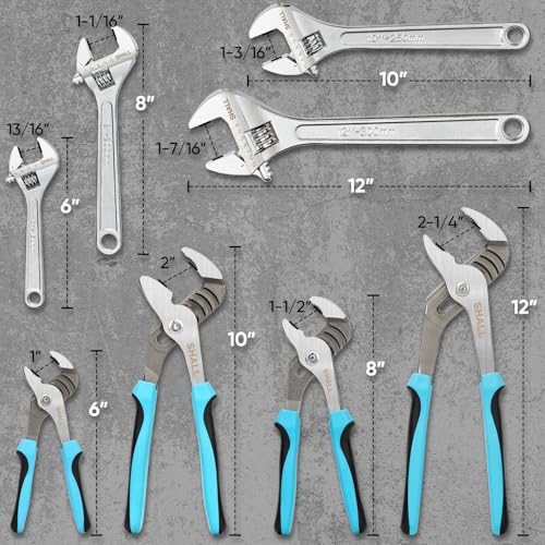 SHALL 8-Piece Adjustable Wrench & Water Pump Pliers Set, 12/10/8/6 Inch, 4Pcs Adjustable Tongue and Groove Joint Pliers an...
