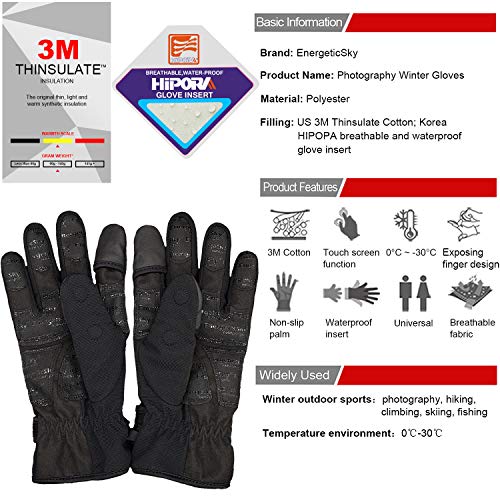 EnergeticSky Waterproof Winter Gloves,3M Thinsulate Ski & Snowboard Gloves for Men and Women,Touchscreen Gloves for Fishin...