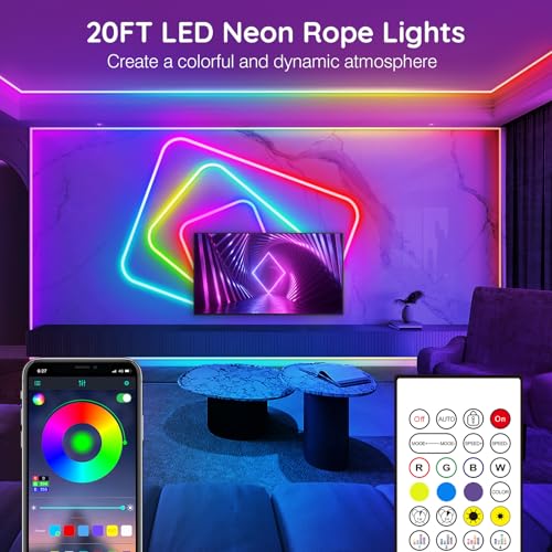 AILBTON 20Ft Neon Rope Lights,Flexible Led Rope Lights Control with App/Remote,Multiple Modes Music Sync Gaming RGB Led Ne...