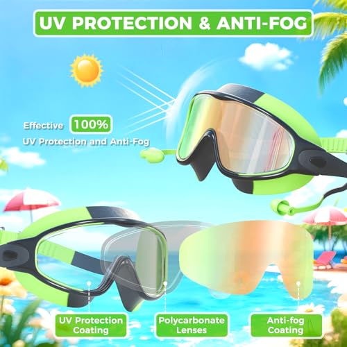 CMBJJU 3 Pack Swimming Goggles, Kid Goggles with Earplugs Large Frame Anti-Fog/UV Wide View Swim Goggles Boys Girls 4-12