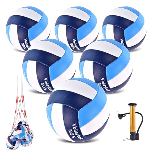 ELKCIP 6 Pack Volleyballs Official Size 5, Waterproof Soft Bulk Recreational Volley Balls with Pump and Net Bag for Indoor...