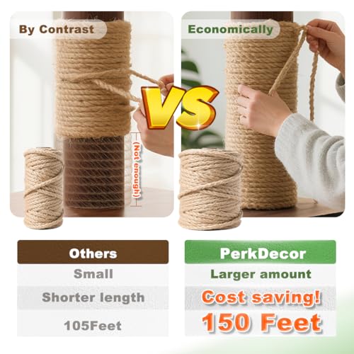 PerkDecor 5MM x 150FT Jute Rope 16Ply Heavy Duty and Thick Twisted Rope for Crafts Gardening Cat Scratcher Scratching Post...