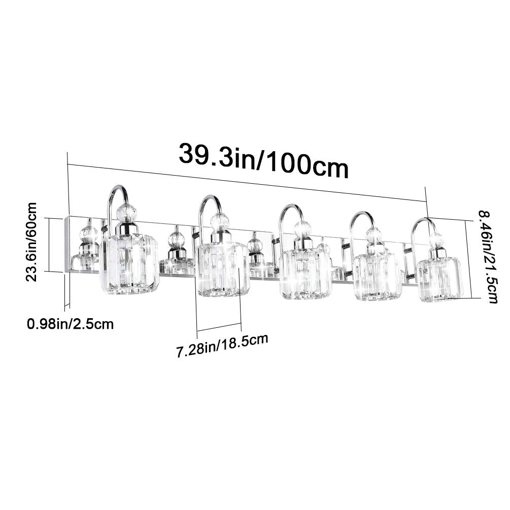 Ralbay 5-Light Modern Led Crystal Bathroom Vanity Lights, Stainless Steel Over Mirror Fixture, Round-Chrome Finish, Model 8600