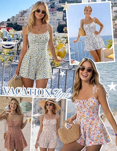 Ekouaer Rompers for Women Boho Floral Summer Romper Sleeveless Spaghetti Strap Smocked Loose Casual Shorts Jumpsuits