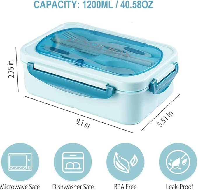 Bento Box for Adult, 1200 ML Lunch Containers for Adults, LeakProof Lunch Box with Utensils, BPA Free, 3 Compartment Bento Box Microwave Safe