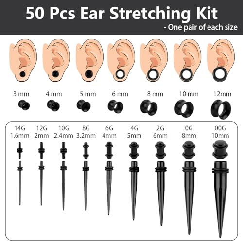 Okxiri 50 Pcs Ear Stretching Kit, Acrylic Gauges for Ears 14G-00G, Lightweight Tapers+ Plugs+ Silicone Tunnels, Gauge Stre...