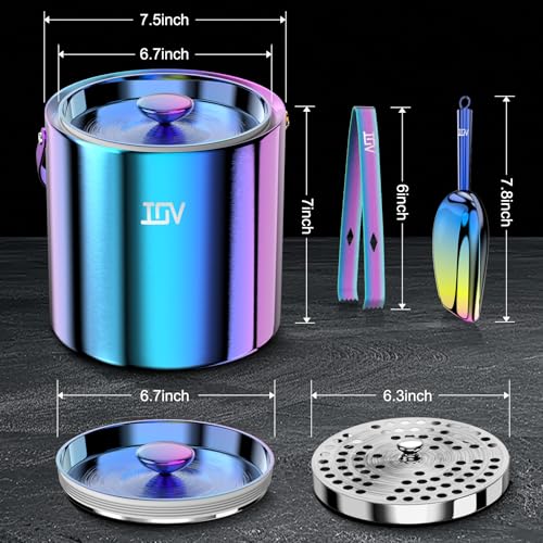 IOV Ice Bucket with Lid, Scoop, Tongs, and Strainer, 3 L Stainless Steel Double Wall Insulated Ice Bucket for Parties, Kee...