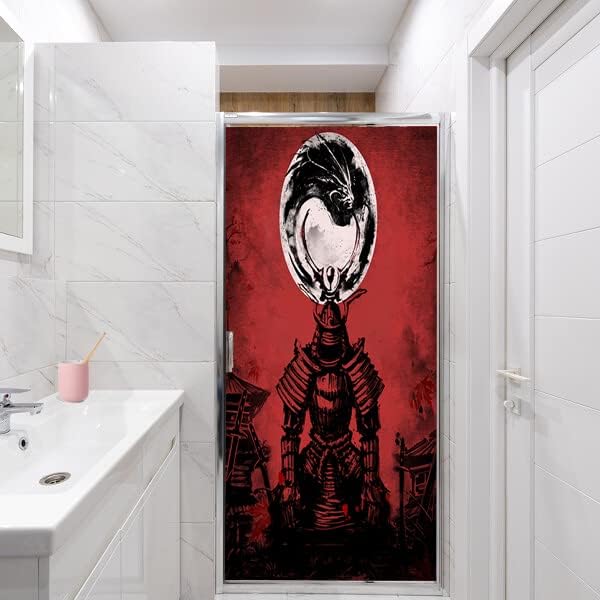 Japanese Samurai Window Film Abstract Vintage Samurai Blossom Dragon Full Moonstained Glass Window Film,Playroom Window Film,Nursery Window Film 17.7Wx23.6L-Inch X1Pcs
