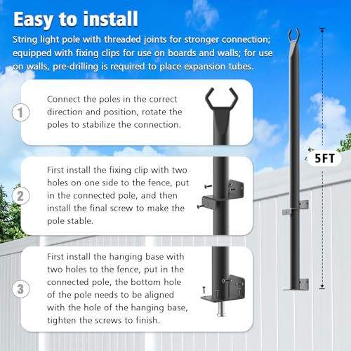 NUERPO 4 Pack String Light Poles,5Ft Metal Poles for Outdoor String Lights,Outdoor Light Poles with Post,Poles/Stand for O...